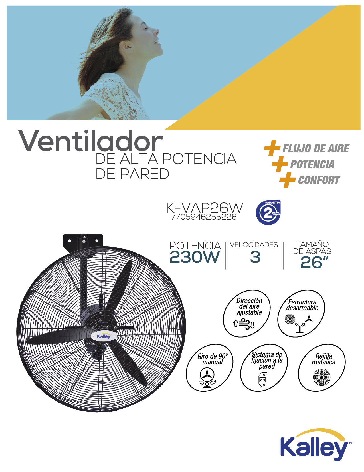 Ventilado Kalley Industrial de Pared 26 Pulgadas